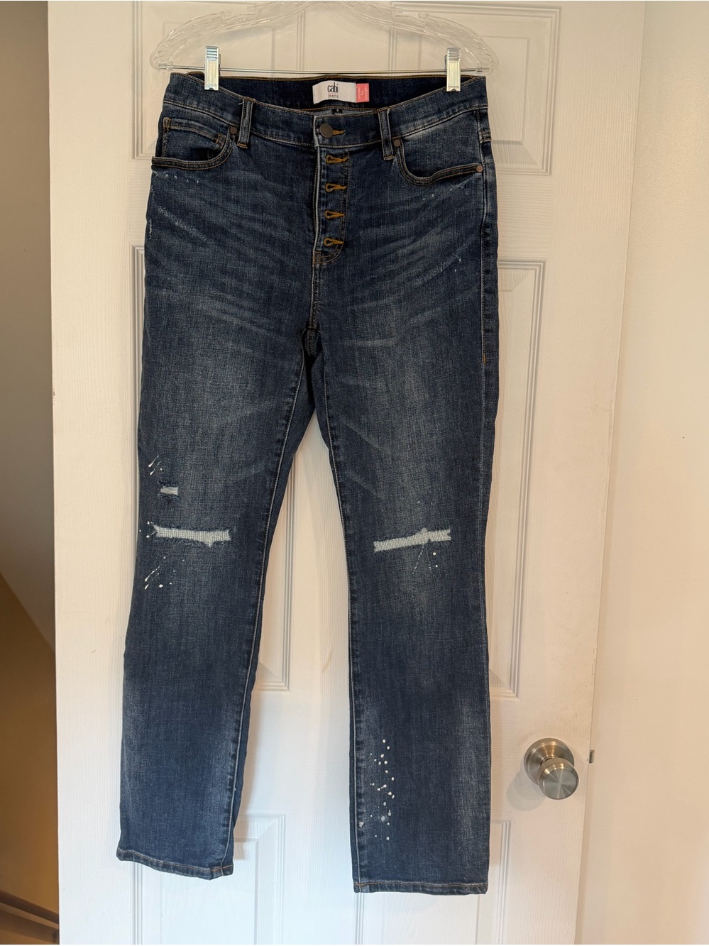 Cabi Jeans Women’s 8 Button Fly Straight Leg Distressed Dark Wash Style 6068